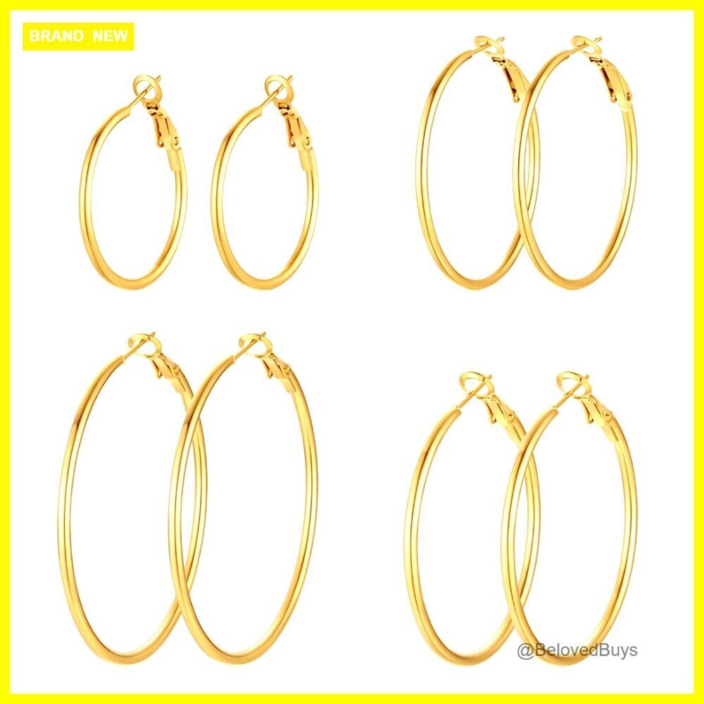 4 Pairs 14K Gold Plated Hoop Earrings Set Hypoallergenic Lightweight